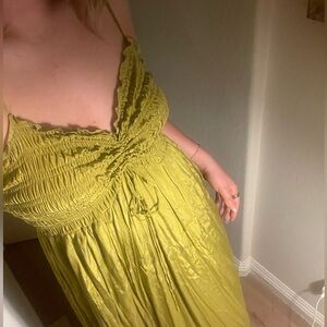 Anthropologie Olive Green Smocked Silky Dress